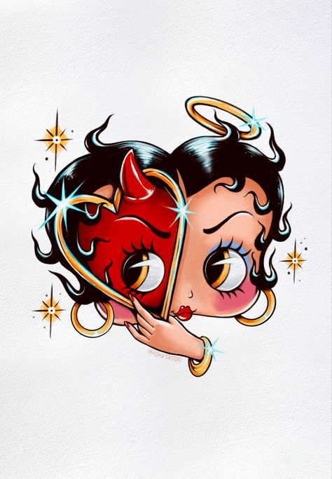 Betty boop devil heart illustration by tattoo artist Ashlie Franks Betty Boop Easy Drawing, Betty Boop Room Ideas, Diva Tattoo Ideas, Betty Boop Aesthetic Icons, Tattoo Ideas Betty Boop, Betty Boop Scorpio, Artist Inspired Tattoos, Black Betty Boop Tattoo, Goth Betty Boop