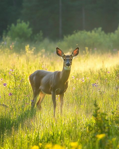 A deer in a peaceful dewy meadow in the early morning #dewymeadow #deerinmeadow Deer Walking, Woodland Aesthetic, Woodland Meadow, Doe Deer, Potter Aesthetic, Deer Doe, Deer Pictures, Deer Stand, Woodland Scene