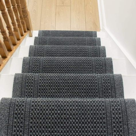 This stair carpet runner is made using a needlepunch technique. Needlepunch is a manufacturing process that involves lots of short staple fibres being stuck together whilst punched with a barbed needle, hence the name needlepunched. Typically, this type of carpet is used in offices, schools, airports etc. This runner has very little that can go wrong with it, it won't pull or snag, nor will it tread down or flatten.The pile of this carpet runner is extremely durable and will not flatten down. Du Grey Stair Carpet, Gray Stair Runner, Stair Carpet Runner, Gray Stairs, Stair Rods, Treads And Risers, Stair Carpet, Types Of Carpet, Stair Runner Carpet