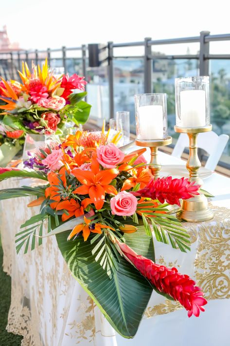 Vibrant Tropical Wedding, Vibrant Wedding Colors, Tropical Wedding Centerpieces, Rooftop Ceremony, Tropical Centerpieces, Tropical Wedding Theme, Wedding Philippines, Tropical Wedding Decor, Tropical Floral Arrangements