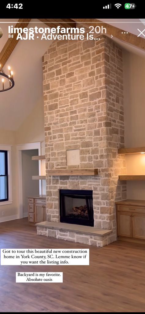 Full Stone Fireplace, Stone Fireplace With Sconces, Closet Next To Fireplace, Shelving Beside Fireplace Ideas, Fireplace With Doors On Each Side, Fireplace With Sconces, Stone Fireplace With Built Ins, Shoreline Ideas, White Wash Fireplace