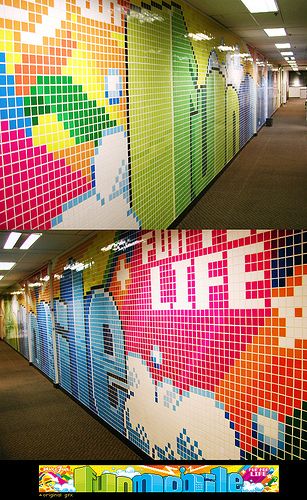 Pixel wall via Flickr Pixel Art Installation, Pixel Wall Art, Pixel Mural, Mosaic Wall Art Murals, Art Corridor, Burger Concept, Wall Showcase Design, Colouring Wall, Honey Drink