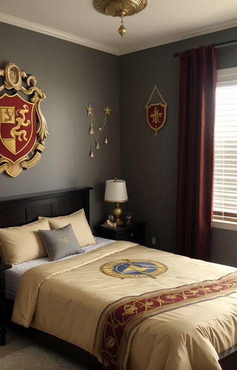 Gryffindor Room Ideas, Gryffindor Bedroom Aesthetic, Harry Potter Bedroom Aesthetic, Harry Potter Aesthetic Room Decor, Harry Potter Bedroom Ideas, Gryffindor Room, Harry Potter Inspired Bedroom, Hogwarts Bedroom, Harry Potter Themed Bedroom