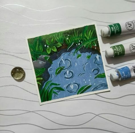 Easy Rain Painting, How To Paint Rain, Rainy Day Painting Acrylic, Rain Painting Acrylic, Rain Watercolor Painting, Gauche Painting, Donut Drawing, Art Painting Watercolor, Art Gouache