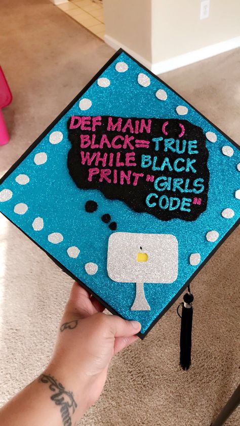 #graduationcap #computerscience #computer #science #informationtechnology #blackgirlsrock #blackgirlscode Information Technology Graduation Cap, Computer Science Grad Cap, Graduation Pictures Computer Science, Graduation Cap Computer Science, Cybersecurity Graduation Cap, Graduation Cap Designs Computer Science, Computer Science Graduation Pictures, Engineering Graduation Party Ideas, Computer Science Graduation Cap