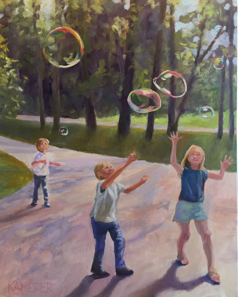 24” x 30” oil painting on canvas   Childhood innocence and joy captured in oil. #artwork #childrensart #homedecorideas #oilpaintingart #bubbles #kidsroom Childhood Nostalgia Artwork, Message Giving Paintings, Childhood Art Painting, Childhood Painting Memories, Childhood Inspired Art, Childhood Nostalgia Painting, Childhood Dreams Art, Moment In Time Art, Meaningful Oil Paintings