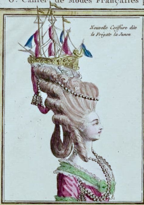 Chapeau Frigate Junon Nouvelle blue yellow pink green brown tan beige hair frigate ship marine sailing sailors boat passementerie skirt ensemble millinery plumes white friseur coiffe coiffure fan parasol bows ruffles ruffled fichu shawl entredeux polonaise dress bonnet hat chapeau 1700s 18th century rococo baroque fashion history historical clothing Marie Antoinette woman women womans womens childs childrens ladys ladies girls costume outfit wig powdered pompadour chintz silk cotton ostrich feat Rococo Hairstyles 18th Century, Marie Antoinette Ship Hair, Powdered Wigs 18th Century, Marine Antoinette, Rococo Wigs, Marie Antoinette Hairstyle, Rococo Hair, Rococo Hairstyles, Polonaise Dress