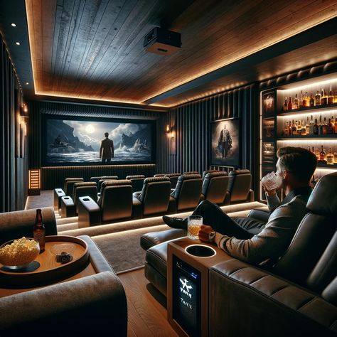 Tv Cinema Room, Modern Theatre Room, Home Theatre Guest Room, Cinema Snug Room, Man Cave Luxurious, Industrial Movie Room, Theater In House, Cool Basement Ideas Man Caves, Moody Movie Room