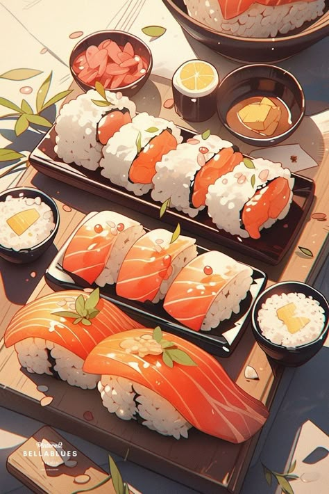 Cute Meals, Sushi Drawing, Japanese Food Illustration, Japanese Food Sushi, Anime Foods, Bento Lunchbox, Drink Art, Food Sushi, Drink Design