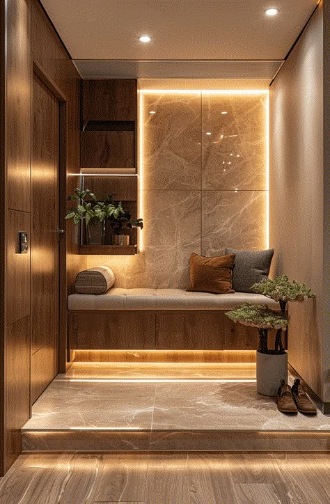 High-Quality Interior Rendering in Beige Color Scheme Sleek Shoe Cabinet, High Bench Seating, Entrance Cabinet Design, Entrance Shoe Storage Ideas Modern, Shoe Cabinet With Seating, Entrance Feature Wall, Entrance Area Design, Apartment Entrance Design, Small Foyer Design