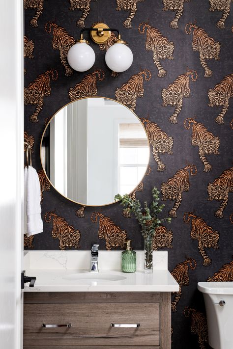 Southside Park Powder Room - Transitional - Powder Room - DC Metro - by Asha Maía Design | Houzz Blue Furniture Living Room, Wallpaper Powder Room, Beautiful Bathroom Ideas, Fresh Bathroom, Elevated Homes, Tiger Wallpaper, Open Concept Living Room, Powder Room Design, Boutique Interior Design