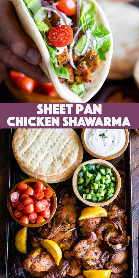 Sheet Pan Chicken Shawarma with Garlic Sauce - a quick and easy homemade version of your favorite street food. Chicken Schwarma Sheet Pan Dinner, Chicken Shwarma Loaf Pan, Schwarma Recipes, Dinner Recipe Chicken, Shawarma Chicken, Tuesday Dinner, Chicken Thigh Recipe, Yummy Sandwiches, Dinner Planning