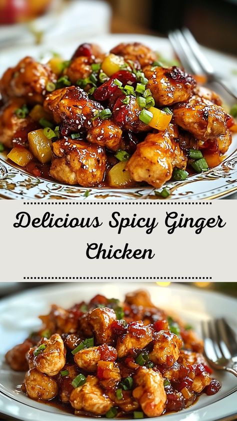 Indulge in the perfect balance of heat and sweetness with this Spicy Ginger Chicken Delight! Tender chicken is marinated in a rich ginger sauce, bursting with bold flavors that pack a punch. Ideal for weeknight dinners, this recipe combines fresh ginger, garlic, and a hint of spice for a satisfying meal. Perfect for those who love spicy chicken dishes, this ginger chicken recipe is a must-try. Get ready for a mouthwatering experience that's simple yet exciting! Supper Ideas Easy Healthy Chicken, Ginger Chicken With Sesame Peanut Sauce, Kona Chicken Recipe, Sticky Ginger Chicken, Spicy Chinese Chicken Recipes, Ginger Recipes Dinner, Empress Chicken Recipe, Mandarin Chicken Recipe, Easy Dinners With Chicken