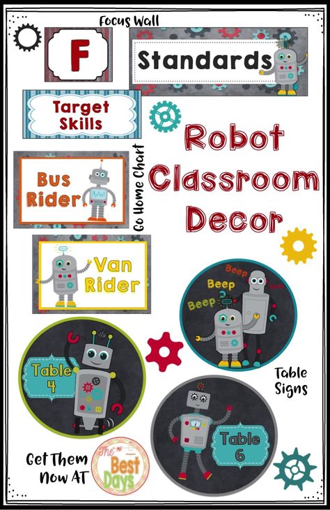 Do you just love robots?  This robot classroom decor is just what you need!  Decorate with a complete Focus Wall, a Go Home Chart, and Table Signs! All available now, with more to come, at The Best Days! Robotics Classroom Decorations, Robot Classroom, Decorating Classroom, Robot Decorations, Lkg Worksheets, Technology Teacher, Elementary School Science, Robot Theme, Door Decs