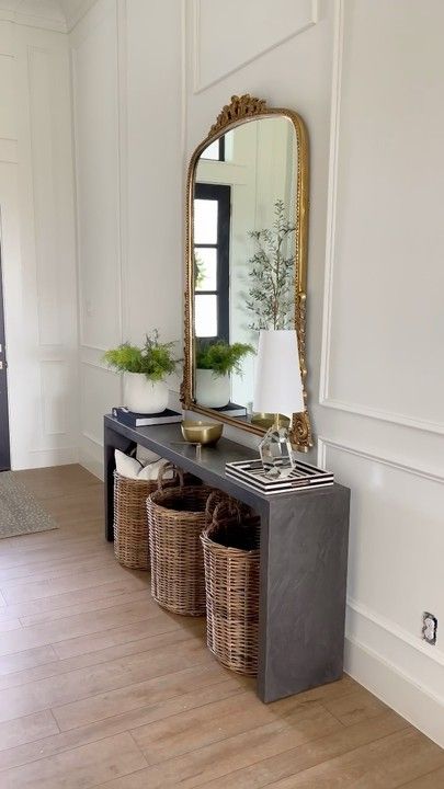 Entry Way Table Mirror, Entry Table With Mirror Decor, Console With Mirror Entrance, Neutral Entryway Table, Entryway Tray, Vintage Mirrors Entryway, Anthropologie Entryway, Vintage Entry Table Decor, Floor Lamp Next To Console Table