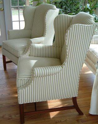 Striped Chairs In Living Room, Pinstripe Accent Chair, Sofa Stripes Fabrics, Striped Wingback Chair, Stripped Couch Sofas, Ticking Stripe Chair, Plaid Couch, Wingback Chair Living Room, Striped Armchair