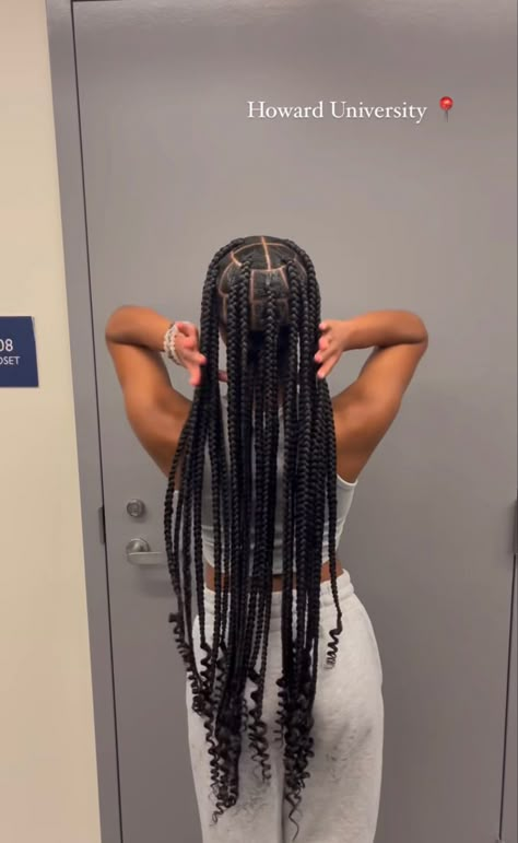 Big Box Braids With Curls At The End, Large Plaits Braids, Large Knotless Box Braids With Curly Pieces, Large Braids With Curls At The End, Huge Knotless Box Braids, Big Knotless Box Braids With Curls At The End, 48 Inch Knotless Braids, Large Knot Less Braids With Curls, Large Knotted Box Braids