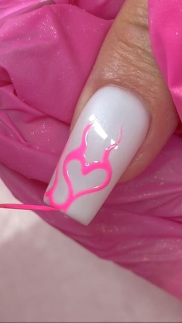 Heart Flame Nails Acrylic, Valentines Flame Nails, Heart Fire Nails, How To Draw Fire On Nails, Heart Flame Nails Tutorial, Heart Gel Nail Designs, Heart Flames Nails, Flame Art Nails, How To Draw Flames On Nails