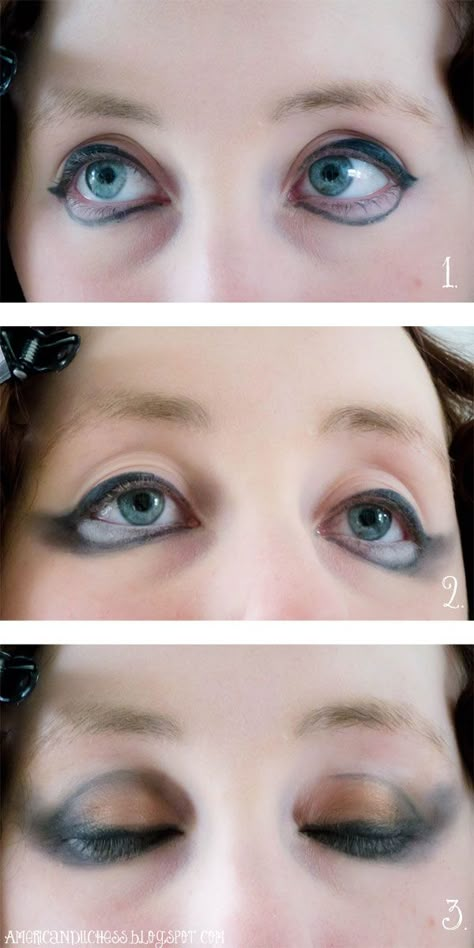 V303: How To Create Flapper “Doll Eye” Makeup – American Duchess Blog 1920’s Makeup, 1920s Makeup Tutorial, 1920 Makeup, Flapper Makeup, 20s Makeup, Circus Makeup, 1920s Makeup, American Duchess, Doll Eye Makeup