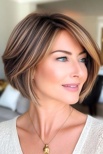 Save this pin for the best haircuts for older women with fine hair. Short, stacked layers bring fullness to fine hair, transforming it from flat to fabulously voluminous. Those delicate highlights add a glow that accentuates the movement, bringing depth and a hint of sparkle. Short Haircuts For Fine Flat Hair, Elegant Haircuts, Voluminous Bob, Short Stacked Hair, Selfie Challenge, Hair Movement, Fine Flat Hair, Layered Bob With Bangs, Haircuts For Older Women