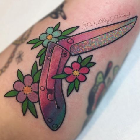 Gabby Maravelas (@stabbygabby) • Instagram photos and videos Small Glitter Tattoo, Girly Knife Tattoo, Glitter Tattoo Ideas, Minneapolis Tattoo, Sparkle Tattoo, Witch Things, Knife Tattoo, 13 Tattoos, Awesome Tattoo