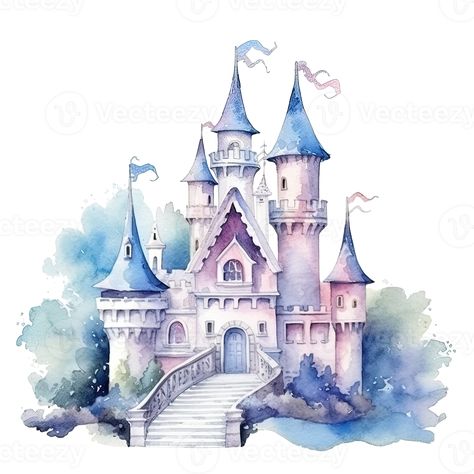 Cute watercolor princess castle. Illustration AI Generative Frozen Bedroom, Castle Illustration, Princess Theme Birthday, Princess Theme Birthday Party, Ice Castles, Maker Project, Cute Watercolor, Princess Theme, Princess Castle