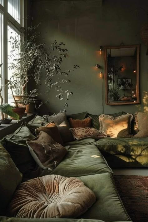 Green Witchy Living Room, Moody Living Room Green Couch, Cozy Witchy Living Room, Dark Green Salon, Green Maximalist Living Room, Dark Natural Aesthetic, Earthy Green Living Room, Green Moody Living Room, Moody Green Living Room