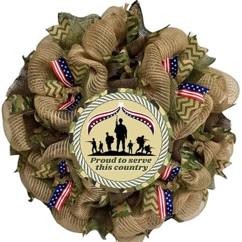 Miliary Soldier Appreciation Wreath Proud to Serve This Country Army Green and Camouflage Handmade Deco Mesh 24 inch and 28 inch Army Wreath, Camouflage Background, Military Soldier, Green Chevron, Military Appreciation, Military Soldiers, Wreaths And Garlands, Eagle Logo, Pillows Flowers