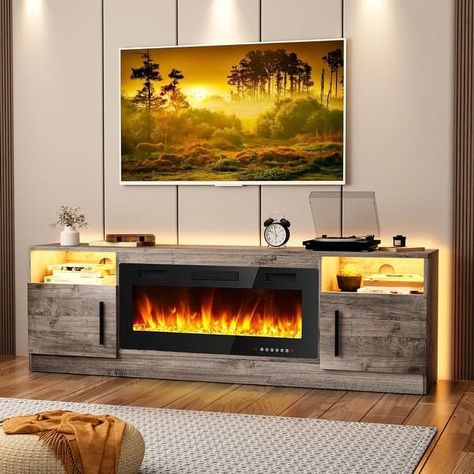 Bossin 70" Fireplace TV Stand with 36" Electric Fireplace, TV Stand for TVs Up to 80", 16 Colors LED Lights/Entertainment Center - Bed Bath & Beyond - 41011909 Fireplace Tv Cabinet, Tv Stand With Electric Fireplace, Tv Placement, Tv Stand Entertainment Center, Wooden Tv Stand, Electric Fireplace Tv, Wooden Tv, Electric Fireplace Tv Stand, Wooden Tv Stands