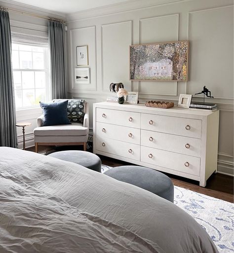 Little bedroom update ✨ I’ll admit that I originally ordered this dresser (when it was on sale!) for my husband’s side of the room but I loved it so much that I moved it over to my side 😂 Swipe to see more bedroom details because I finally feel like our room is complete!! Save this for inspo and tap the link in my bio to shop everything that I share on my LTK 🫶🏻 #bedroominspo #neutralbedroom #neutralhome #homedecor #mySLphoto #cljsquad #homedesign #interiordesign #transitionalmodern #neu... Tv Over Dresser In Bedroom, Masculine Dresser, Target Chair, Linen Dresser, Primary Bed, Bedroom Details, Dresser With Tv, Bedroom Updates, Transitional Bedroom