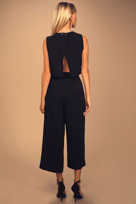 Highschool Reunion Outfit, Cruise Dinner Outfit Formal, Spa Clothes, Casual Black Jumpsuit, Reunion Outfit, Black Backless Jumpsuits, Cocktail Jumpsuit, Midi Jumpsuit, Jumpsuit For Wedding Guest