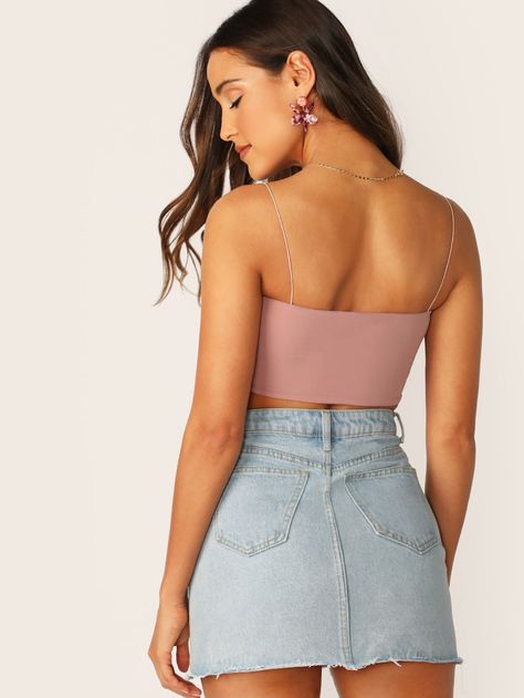 Cami Strap Jersey Stretch Knit Crop Tube Top -SHEIN(SHEINSIDE) Crop Tube Top, Top Shein, Women Tank Tops, Cropped Tube Top, Knit Tees, Knit Crop, Tank Top Cami, Tiered Dress, Cami Dress