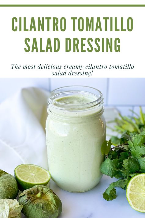 The most delicious creamy cilantro tomatillo salad dressing! Made with greek yogurt, tomatillos, cilantro, fresh lime, jalapeno, and green onion. This recipe is comparable to the house dressings you find at Cafe Rio and Costa Vida but my homemade version, which I think tastes even better! Make it with me! Cilantro Lime Ranch Dressing, Cilantro Lime Dressing Recipe, Spicy Ranch, Chipotle Ranch, Cafe Rio, Cilantro Dressing, Sweet Pork, Ranch Dressing Recipe, Grain Bowls