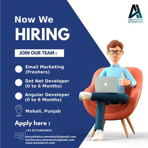 𝗘𝘅𝗽𝗹𝗼𝗿𝗲 𝘁𝗵𝗲 𝗲𝘅𝗰𝗶𝘁𝗶𝗻𝗴 𝗼𝗽𝗽𝗼𝗿𝘁𝘂𝗻𝗶𝘁𝗶𝗲𝘀 𝗶𝗻 Ameotech Informatics Hiring for multiple positions mentioned below: 1) Email Marketing - Freshers 2) Asp.net Developer- 0 to 6 Months 3) Angular Developer - 0 to 6 Months Job Location - #Mohali(Punjab) If you're ready for a new challenge, quickly share your updated CV at saryuthakur.ameotech@gmail.com Reach us at : 7973207858 #emailmarketing #dotnetdeveloper #aspdotnet #reactjs #developer #angular #angulardeveloper Hair Poster Design, Hiring Ad, Poster Design Kids, Cycling Art Print, Vintage Food Posters, Drive Poster, Hiring Poster, Ads Creative Advertising Ideas, Now Hiring