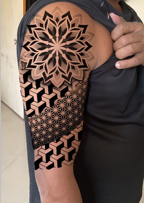 Geometric Illusion Tattoo, Geometric Tattoo Filler, Geometric Tattoo Shoulder, Geometric Tattoo Leg, Trash Polka Tattoo Designs, Full Hand Tattoo, Dove Tattoo Design, Baby Tattoo Designs, Mandala Tattoo Sleeve