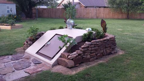 Ways to decorate your storm shelters Storm Shelter Landscaping, Tornado Cellar, Underground Storm Shelters, Storm Cellar, Root Cellars, Storm Shelters, Cellar Ideas, Tornado Shelter, Underground Shelter