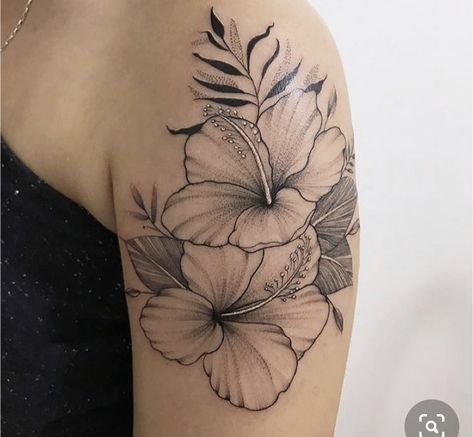 Shoulder Tattoo Hibiscus, Hawaiian Flower Shoulder Tattoo, Agape Tattoo With Flower, Hibiscus Tattoo On Shoulder, Skull And Hibiscus Tattoo, Hibiscus Shoulder Tattoos For Women, Hibiscus Flower Shoulder Tattoo, Hibiscus Tattoo Black And White, Tropical Shoulder Tattoo