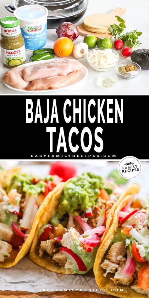 With juicy citrus-marinated chicken, crisp toppings, and a creamy cilantro sauce, these Baja Chicken Tacos are beyond tasty! They’re so easy to make, too, with simple marinated chicken and quick sauce. This Baja Chicken Tacos recipe is perfect for easy family dinners or serving a crowd. It’s the perfect meal-prep taco recipe, too! Baja Chicken Tacos, Baja Chicken, Easy Delicious Chicken Recipes, Creamy Cilantro Sauce, Chicken Tacos Recipe Easy, Chicken Tacos Recipe, Viral Recipes, Chicken Taco Recipes, Cilantro Sauce