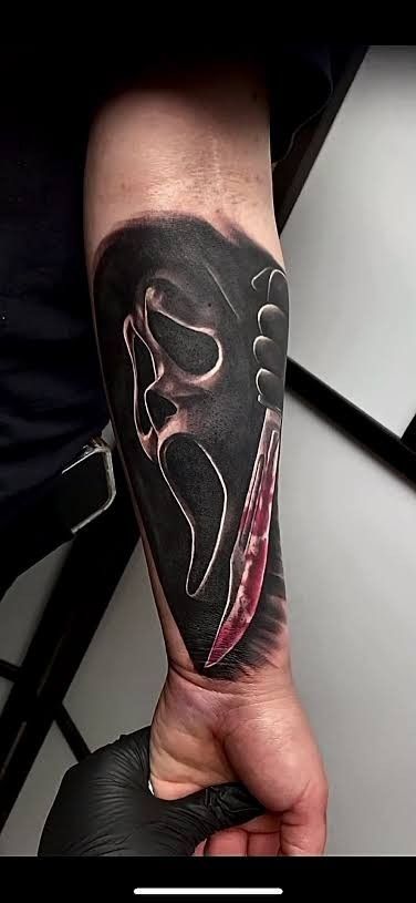 Men Horror Tattoo, Scream Forearm Tattoo, Ghostface Forearm Tattoo, Ghost Face Forearm Tattoo, Horror Wrist Tattoo, Female Ghostface Tattoo, Ghostface Arm Tattoo, Ghost Face Leg Tattoo, Shadow Man Tattoo