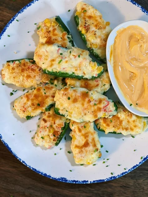 Crab Stuffed Jalapeno Poppers (20 Minutes!) - Tiffy Cooks Crab Stuffed Jalapenos, Crab Jalapeno Poppers, Popper Recipes, Stuffed Jalapeno Poppers, Stuffed Jalapeno, Stuffed Jalapenos, Tiffy Cooks, Jalapeno Popper Recipes, Spicy Crab