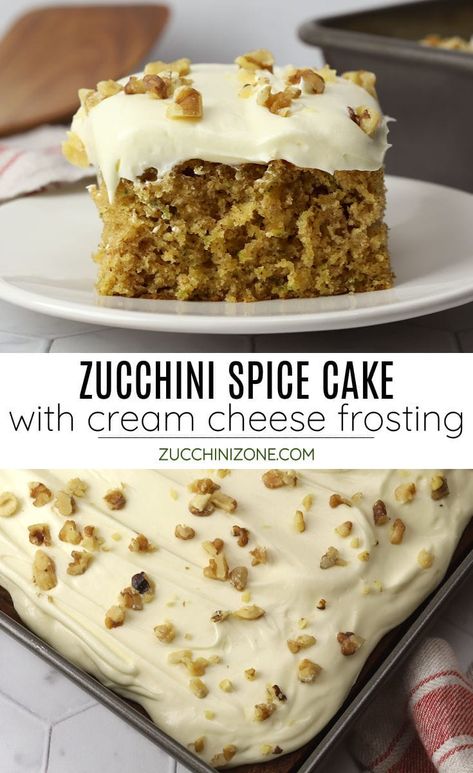 Zucchini spice cake recipe by Zucchini Zone. Zucchini spice cake is filled with shredded zucchini and cozy fall spices for the most tender and moist sheet cake. Topped with velvety cream cheese frosting and chopped walnuts, this will be your new go-to fall cake recipe. #zucchinicake #zucchinispicecake #spicecake #falldesserts #fallcake #autumn #recipe #homemade #creamcheesefrosting Zucchini Bread With Cream Cheese Frosting, Zucchini Bread With Spice Cake Mix Easy, Gluten Free Zucchini Spice Cake, Pumpkin Zucchini Cake Recipe, One Bowl Zucchini Cake, Baking With Zucchini Desserts, Spiced Zucchini Cake, Keto Zucchini Cake Recipes, Zucchini Spice Muffins