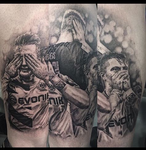 Newest tattoo for my Borussia Dortmund leg sleeve. Marco Reus tattoo Halland Dortmund Wallpaper, Marco Reus Tattoo, Bvb Tattoo, Yellow Wall Dortmund, Sport Tattoos, Football Tattoo, Leg Sleeves, Borussia Dortmund, New Tattoos