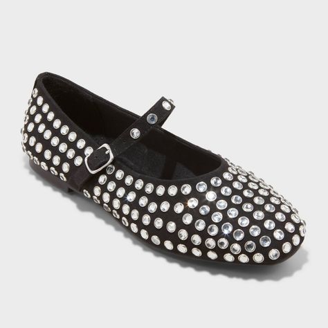 Women's Issa Rhinestone Mary Jane Ballet Flats - A New Day™ Black | Target Stud Shoes, Rhinestone Ballet Flats, Black Ballet Shoes, Black Mary Jane Shoes, Mary Jane Ballet Flats, Western Ankle Boots, Black Ballet, Rhinestone Flats, Slingback Flats