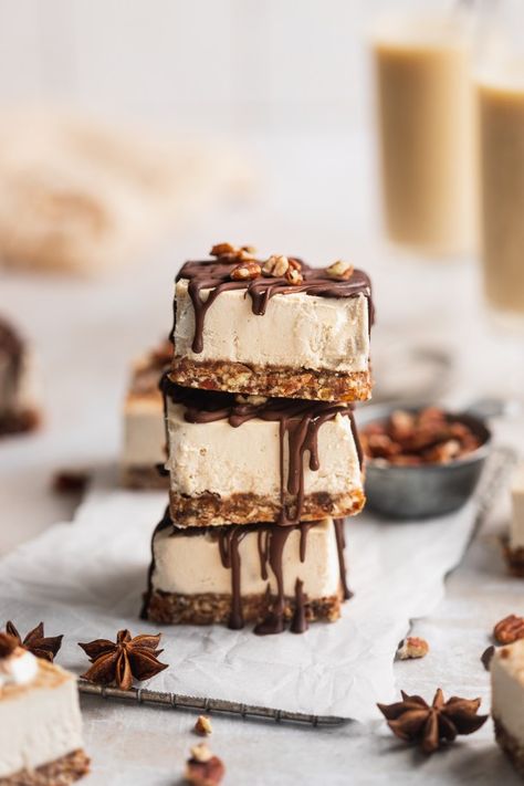 Vegan Chai Eggnog Cheesecake Bars - Danilicious Spiced Eggnog, Creamy Eggnog, Eggnog Cheesecake, Spiced Pecans, Chai Spice, Chocolate Pecan, Unsweetened Coconut, Real Ingredients, Creamy Cheesecake