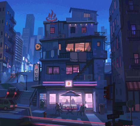 Cyberpunk House, Cyberpunk Building, Background Inspiration, Night Illustration, Bg Design, Isometric Art, City Background, City Drawing, Cyberpunk Aesthetic