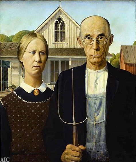 Norman Rockwell paintings Paintings History, American Gothic Painting, American Gothic Parody, Grant Wood American Gothic, Famous Art Paintings, Rockwell Paintings, Grant Wood, Most Famous Paintings, Historical Artwork