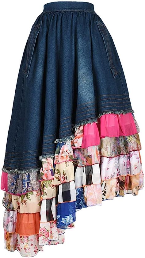 Amazon.com: Women Chiffon and Denim Patchwork Floral Skirts Ruffle Layered Elastic Waist Bohemian Long Maxi Skirts : Clothing, Shoes & Jewelry Patchwork Denim Skirt, Flare Maxi Skirt, Boho Denim, Rock Outfit, Patchwork Skirt, Long Skirts For Women, Long Maxi Skirts, Unique Boutique, Chiffon Ruffle