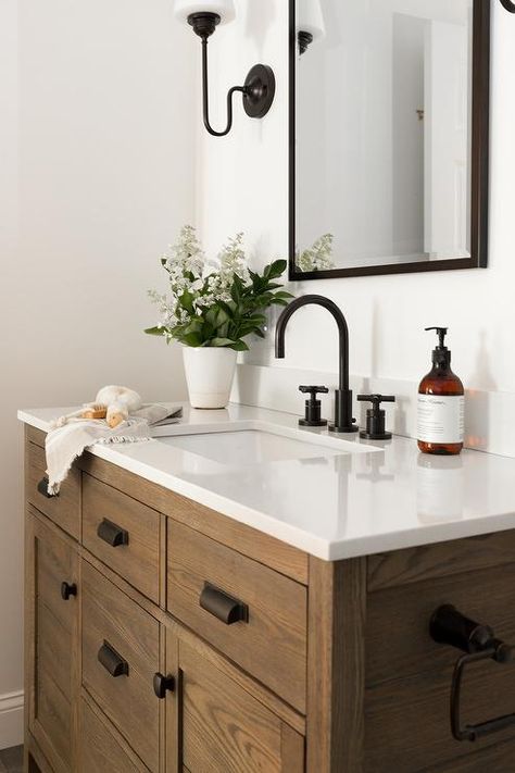 Double Sink Bathroom Ideas, Bronze Bathroom Fixtures, Japanese Quince, Condo Bathroom, Oil Rubbed Bronze Bathroom, Oak Bathroom Vanity, Velvet Glove, Bronze Fixtures, Oak Bathroom