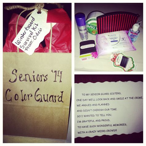 Color Guard Banquet Ideas, Color Guard Goodie Bag Ideas, Band Camp Survival Kit, Senior Night Baskets, Color Guard Tips, Band Booster, Guard Quotes, Color Guard Quotes, Guard Hair