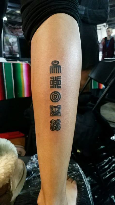 Adinkra symbols tattoo on back of calf... Adrinka Symbols Tattoos, Swahili Symbols, Ghanaian Tattoo, Cameroon Tattoos, Adrinka Symbol Tattoo, Nigerian Tattoo, Adinkra Symbols Tattoos, African Symbol Tattoo, African Spirituality Tattoo